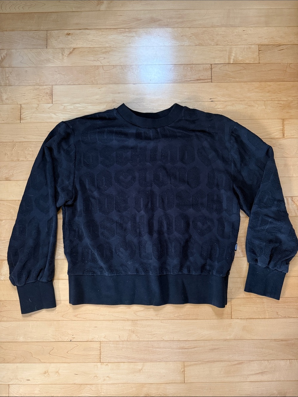 Women’s Love Moschino Black Logo-Textured Crewneck Sweater Size S